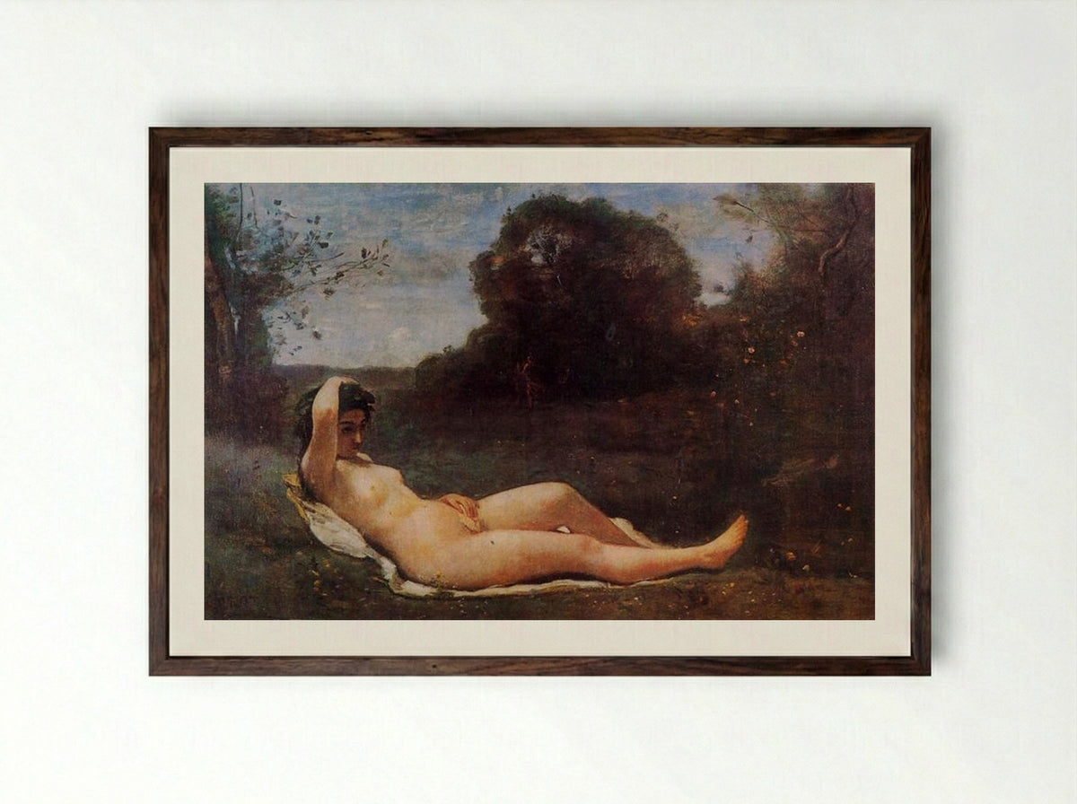 Reclining Nymph - Camille Corot - Framed Print Dark Wood