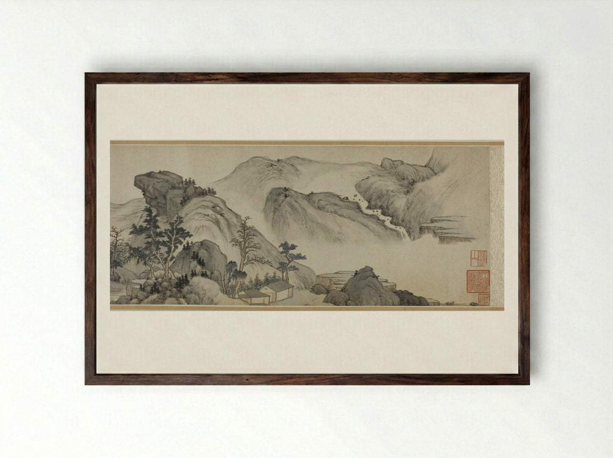 Recluse Dwellings in the Autumn Mountains - Mi Wanzhong - Framed Print Dark Wood