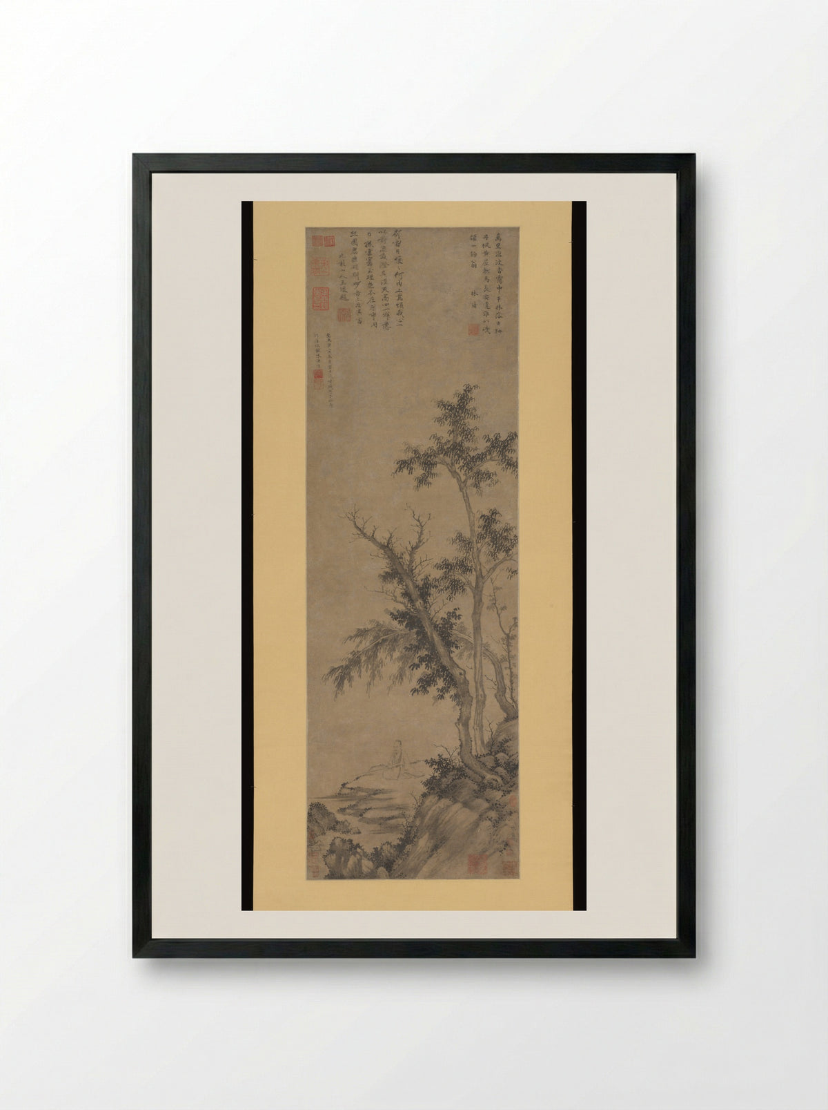 Recluse Fishing by Autumn Trees - Sheng Mao - Framed Print Black