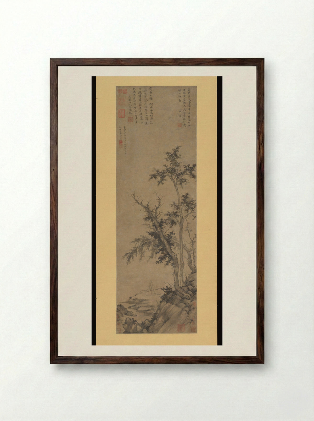 Recluse Fishing by Autumn Trees - Sheng Mao - Framed Print Dark Wood