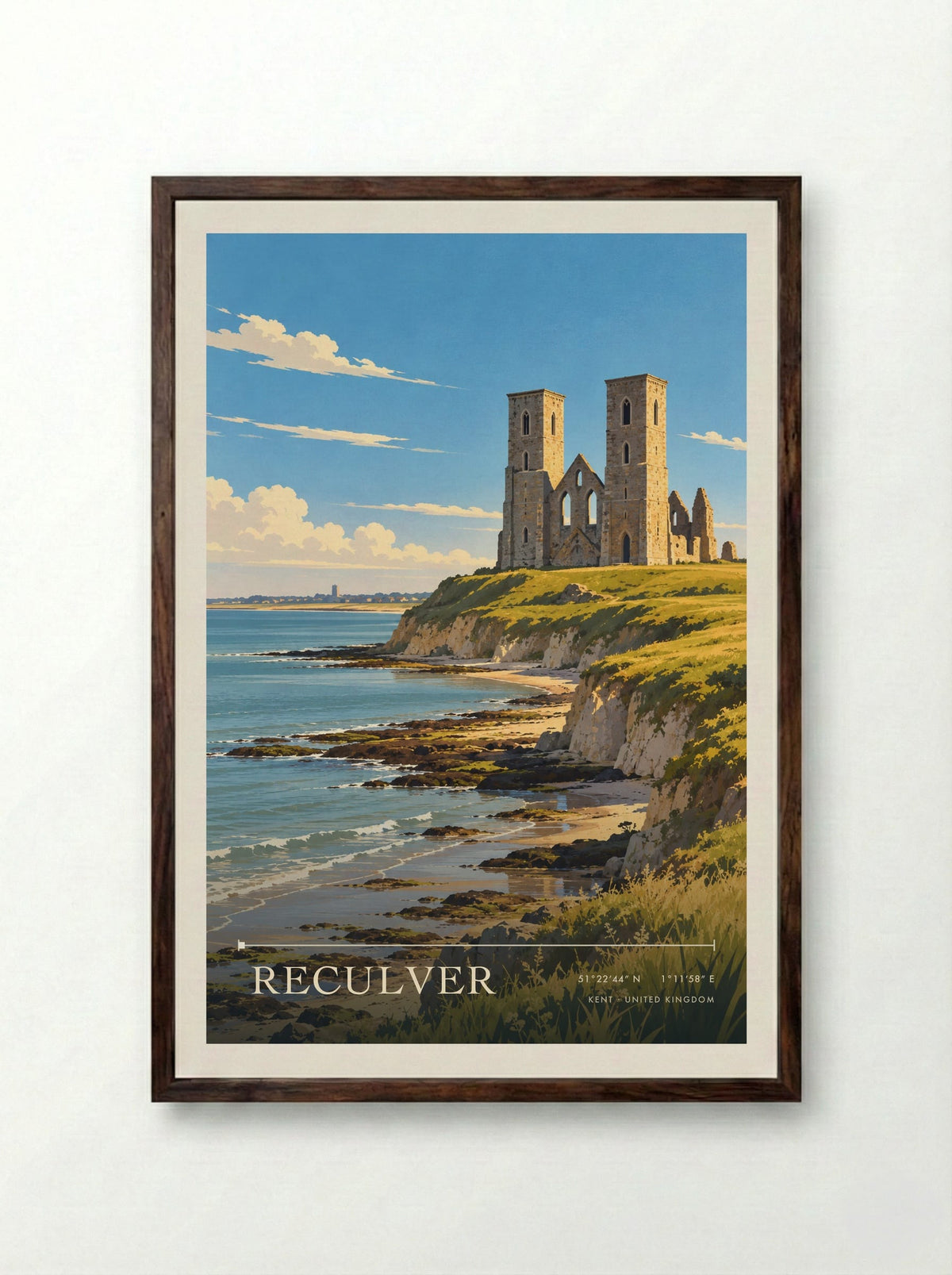 Reculver, Kent | Travel Poster - Framed Print Dark Wood