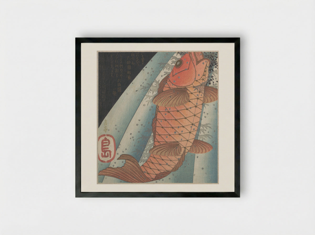Red Carp Ascending a Waterfall - Yashima Gakutei - Framed Print Black