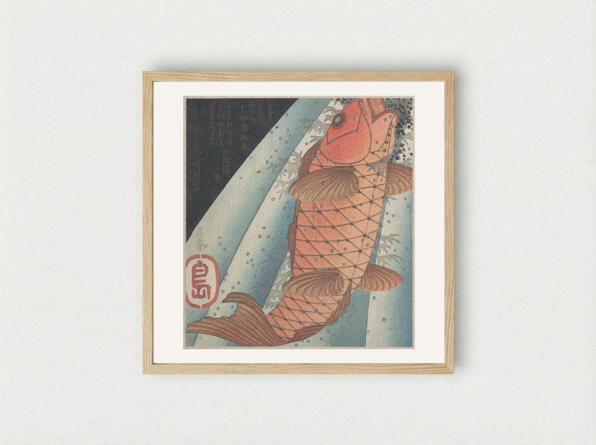 Red Carp Ascending a Waterfall - Yashima Gakutei - Framed Print Wood