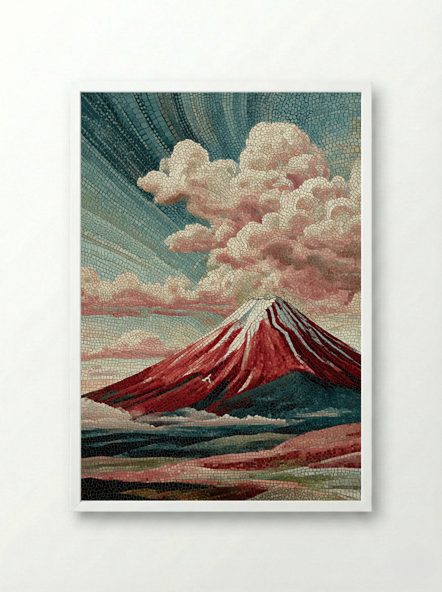 Red Fuji in Autumn - Japanese Mosaic Print - Framed Print White