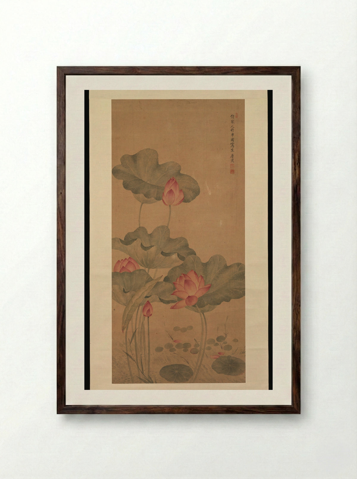 Red Lotus and Fish - Tang Guang - Framed Print Dark Wood