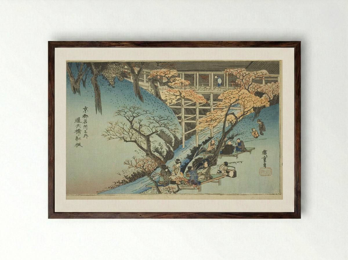 Red Maple Trees at the Tsuten Bridge - Utagawa Hiroshige - Framed Print Dark Wood
