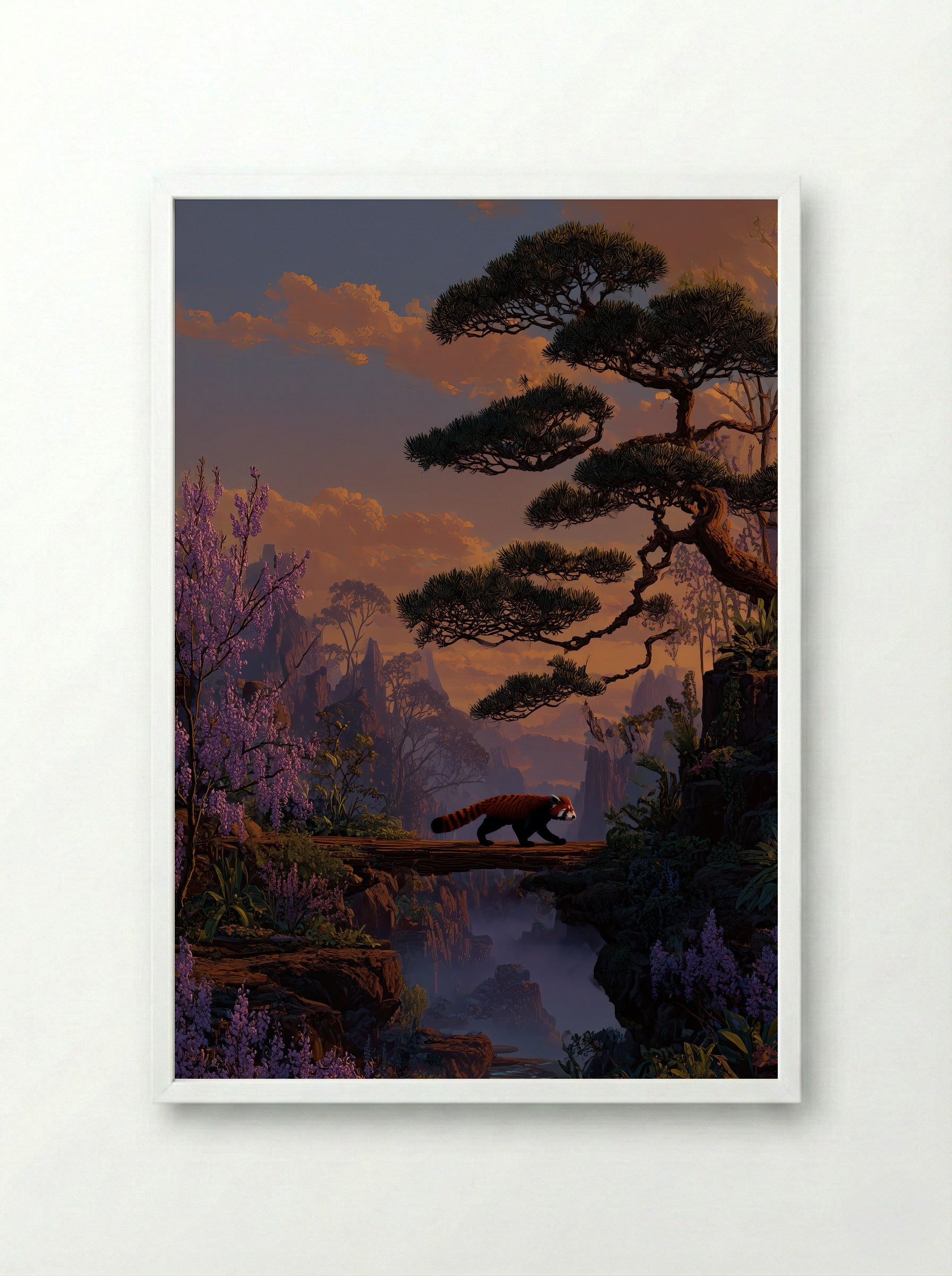 Red Panda Crossing – Tranquil Sunset Forest Art Print - Framed Print White