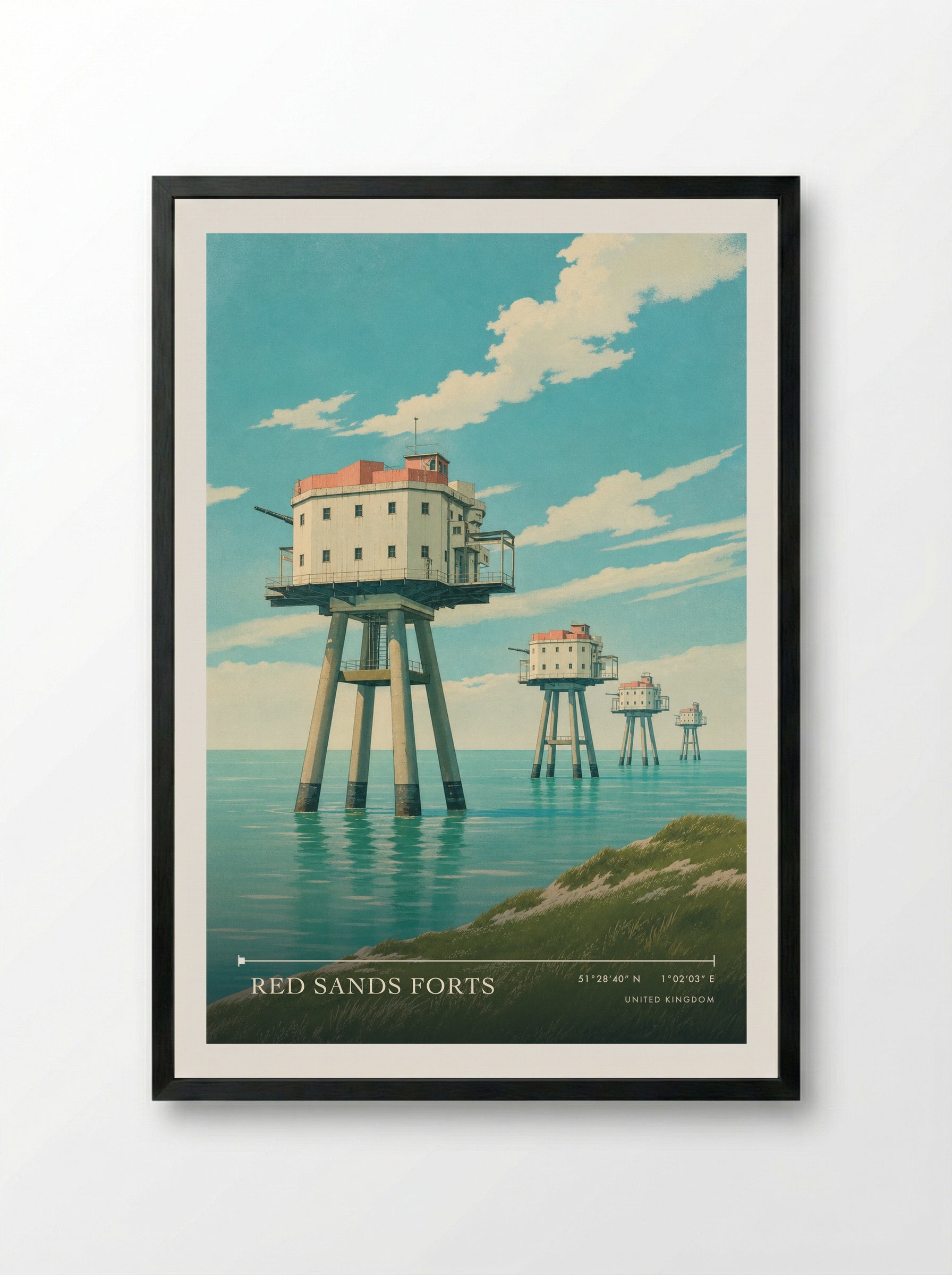 Red Sands Forts United Kingdom Travel Poster - Framed Print Black