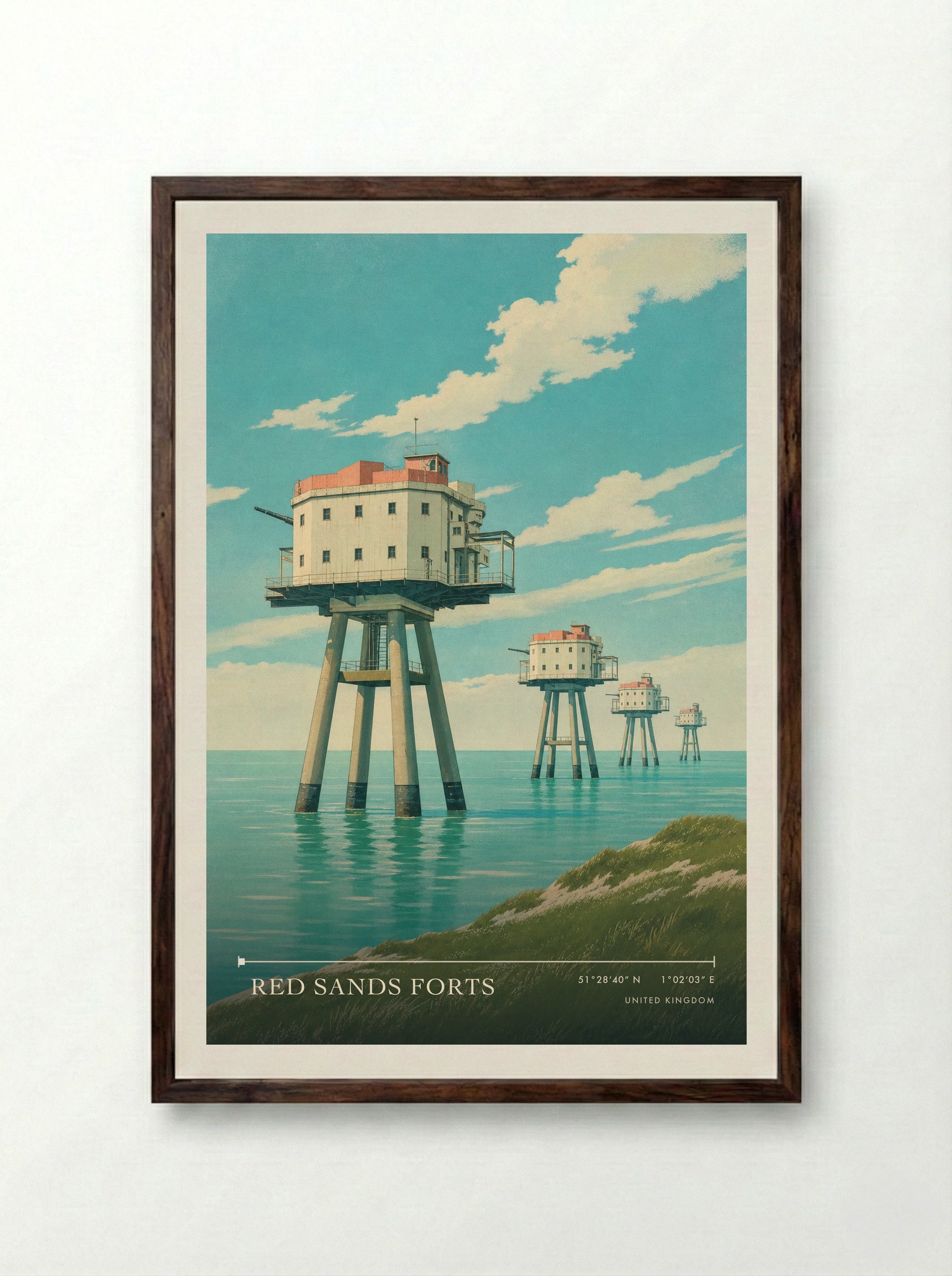 Red Sands Forts United Kingdom Travel Poster - Framed Print Dark Wood