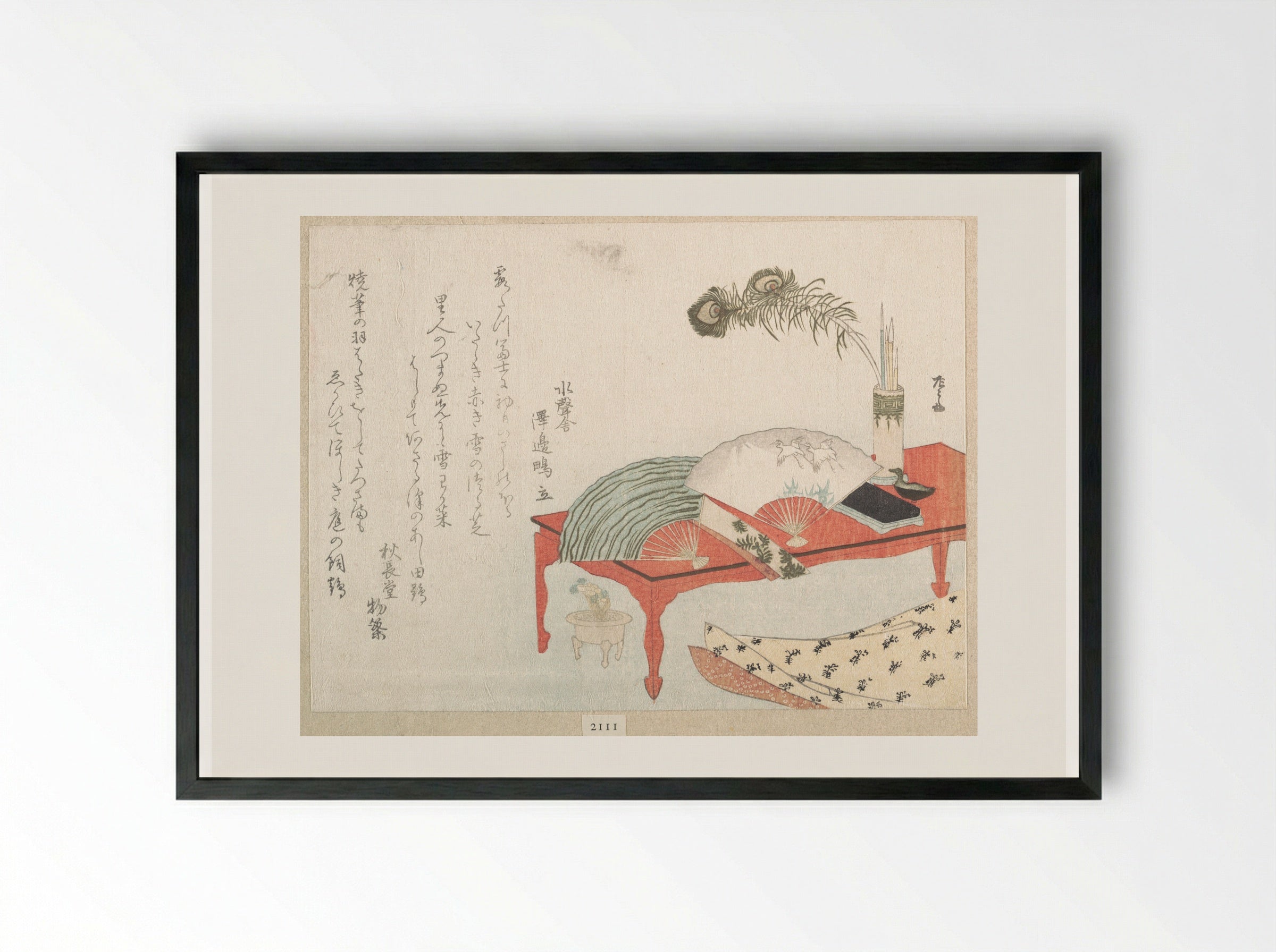 Red Table with Fans and a Brush Stand - Ryūryūkyo Shinsai - Framed Print Black