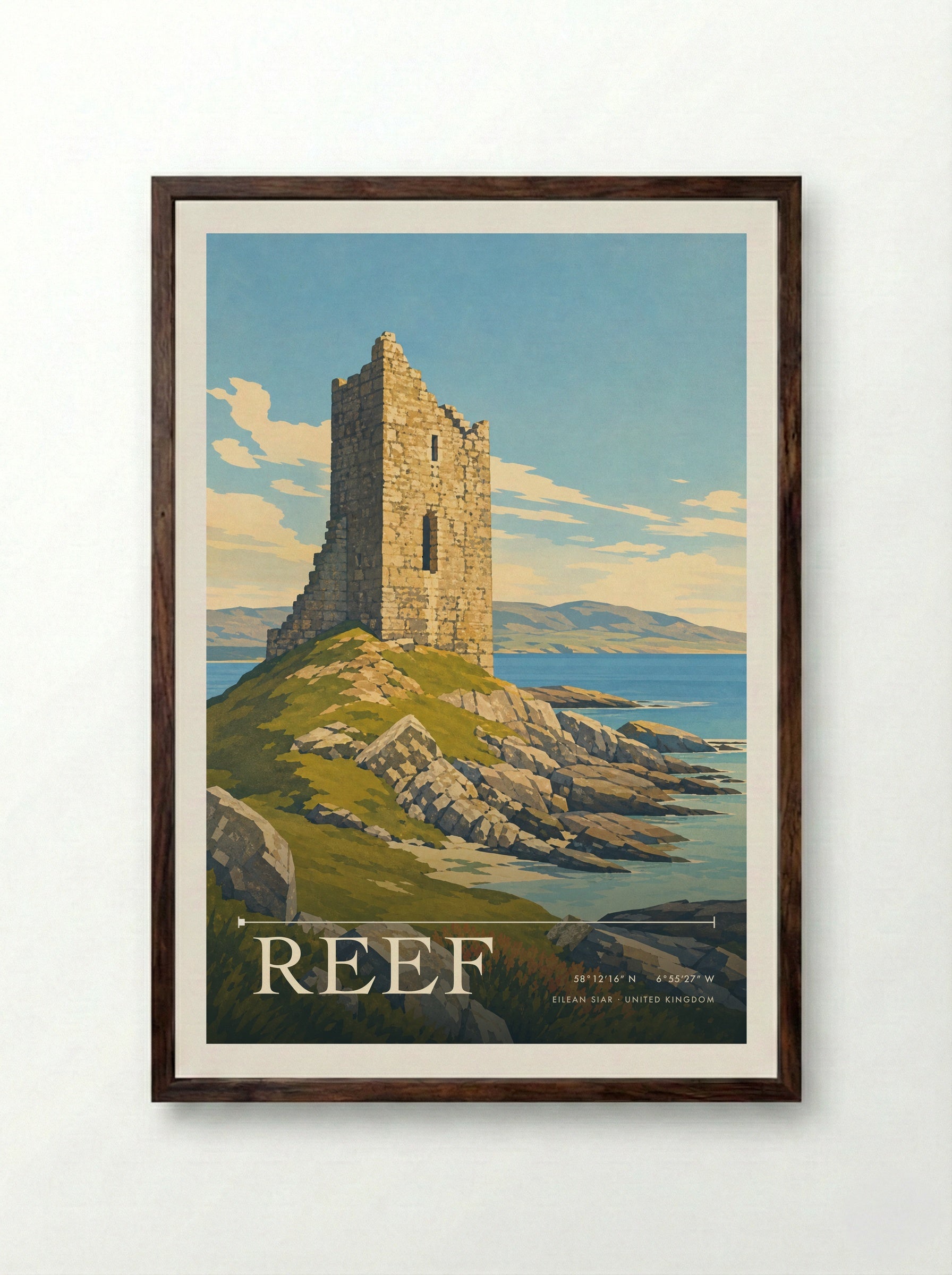 Reef Eilean Siar United Kingdom Travel Poster - Framed Print Dark Wood