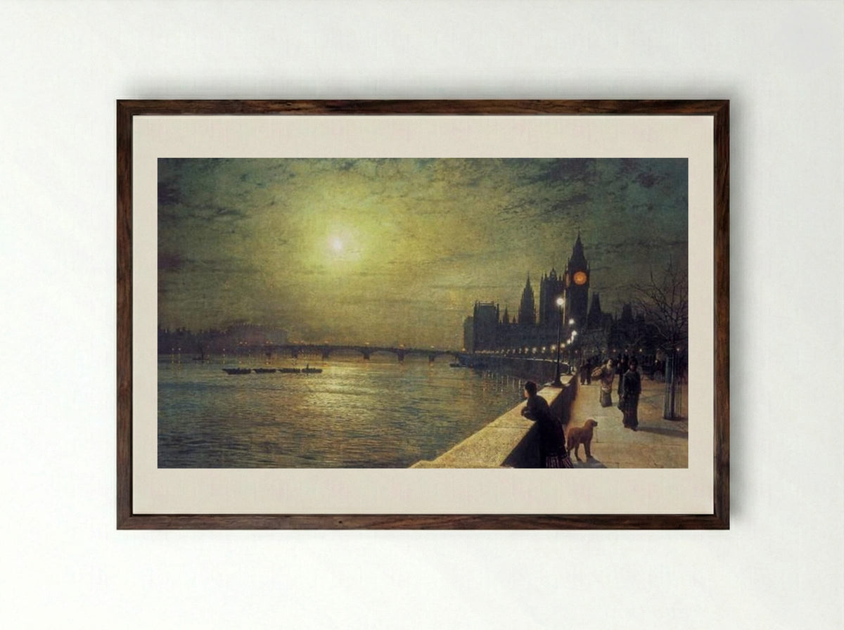 Reflections on the Thames, Westminster - John Atkinson Grimshaw - Framed Print Dark Wood