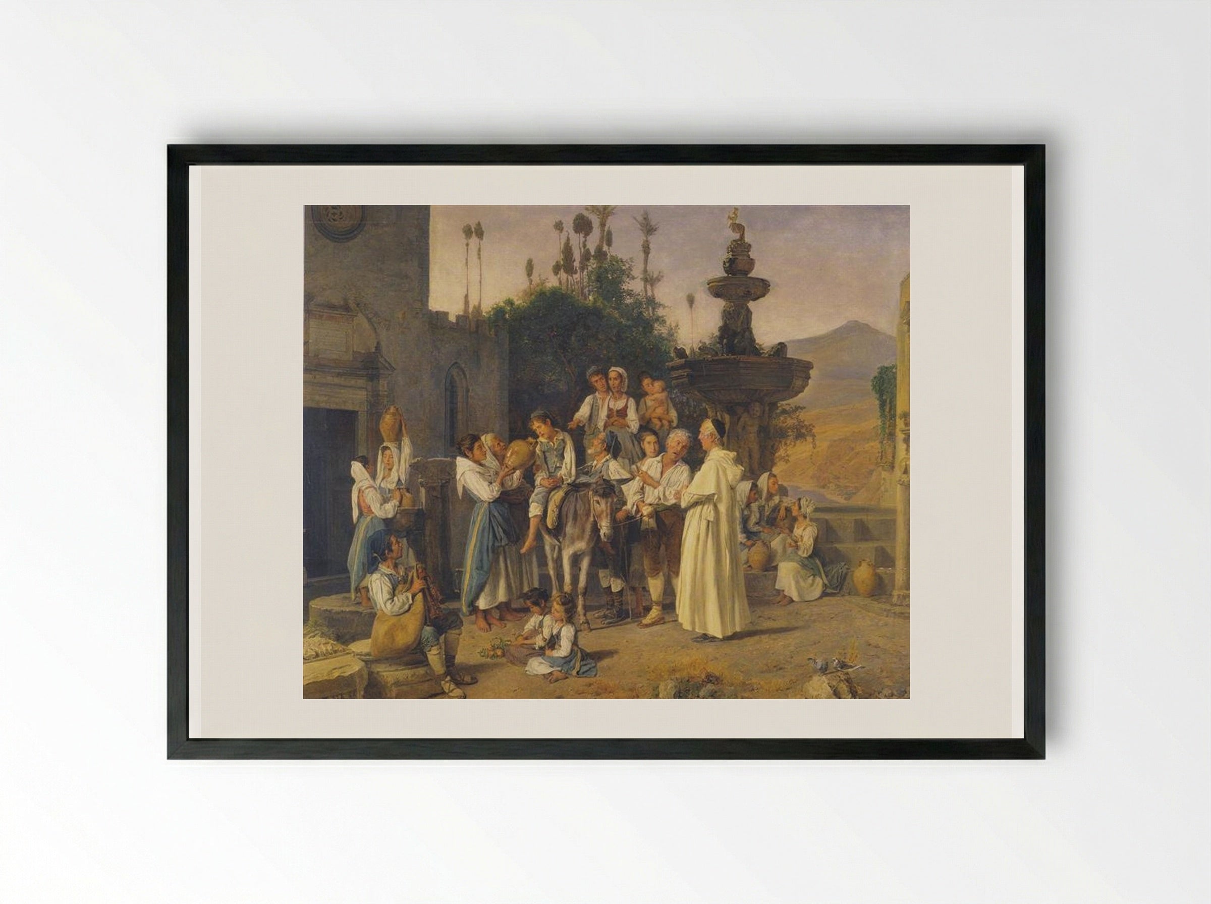 Refreshment at the City Fountain of Taormina - Ferdinand Georg Waldmüller - Framed Print Black