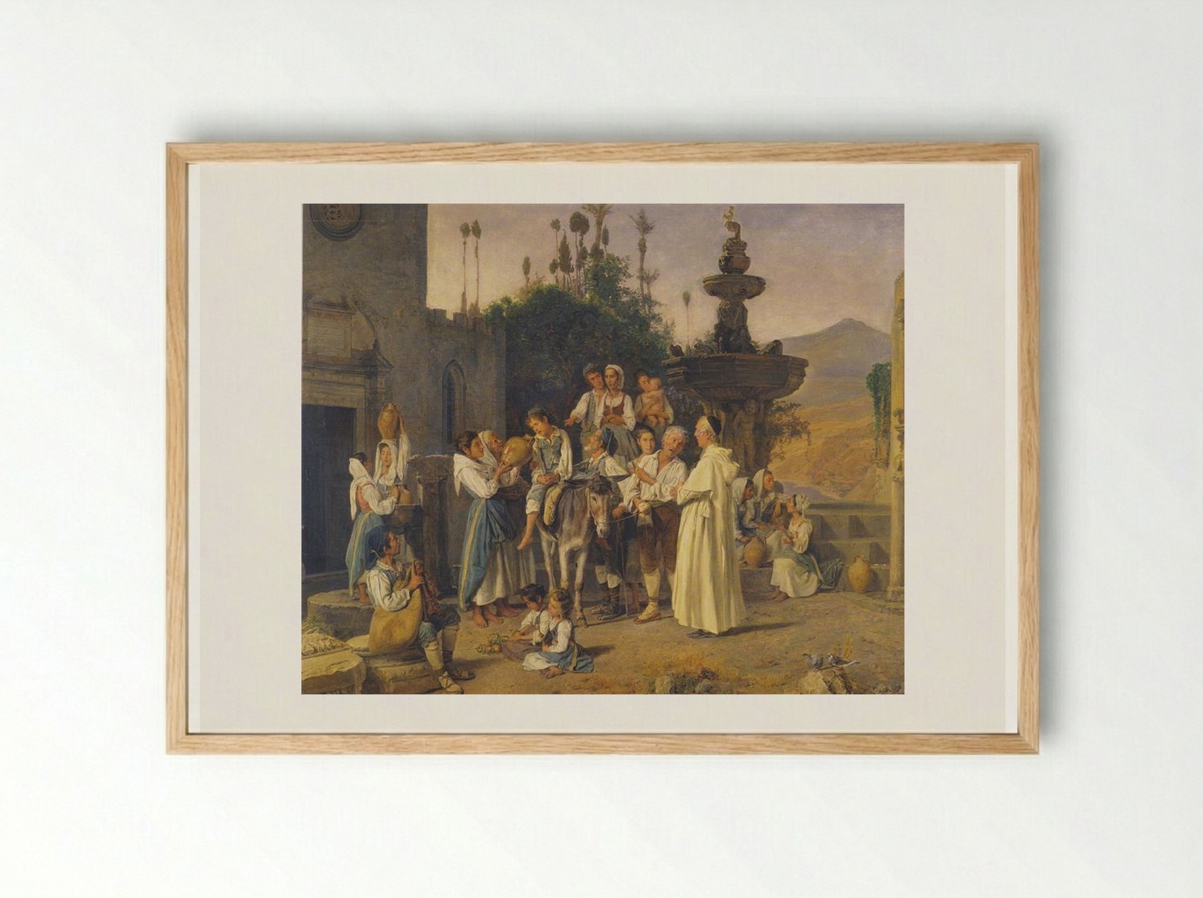 Refreshment at the City Fountain of Taormina - Ferdinand Georg Waldmüller - Framed Print Wood