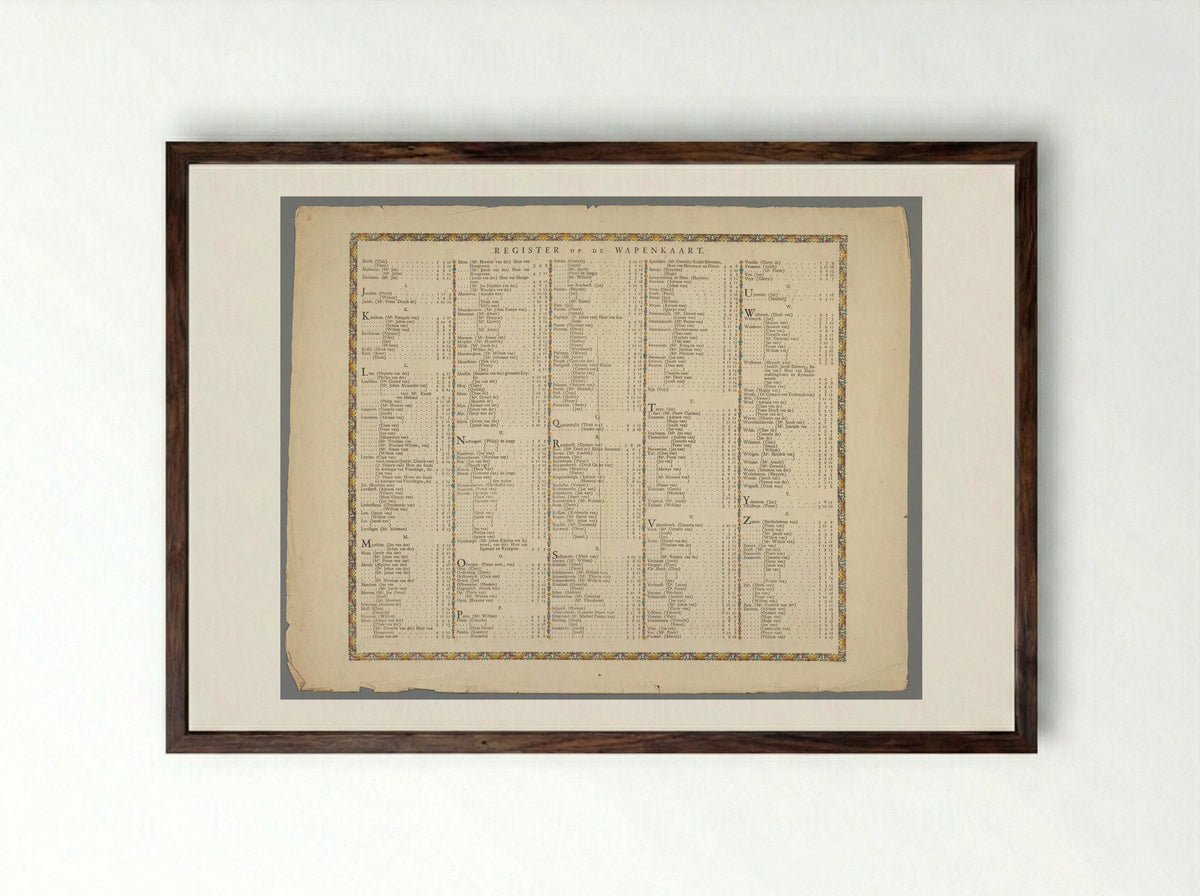 Register van de wapenkaart van de heren veertigen van de stad Leiden - Cornelis de Pecker - Framed Print Dark Wood