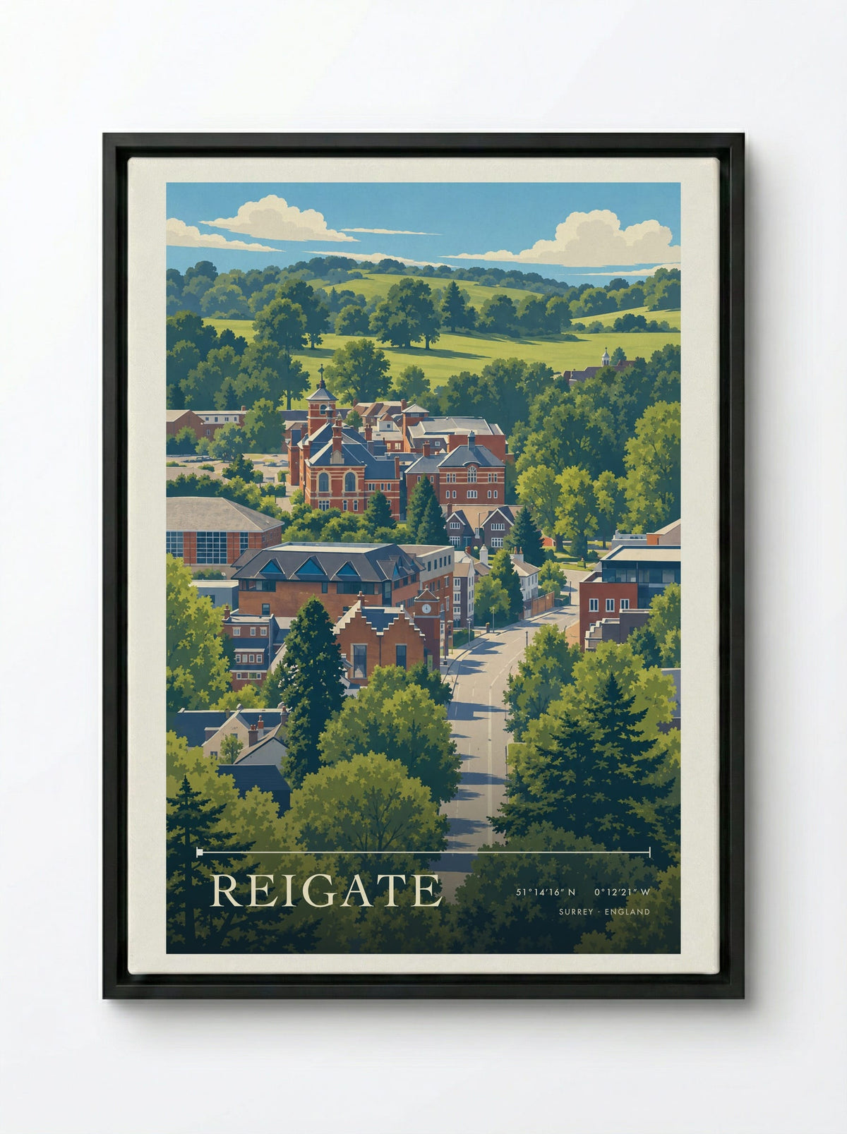 Reigate, Surrey | Travel Poster - Framed Canvas Black