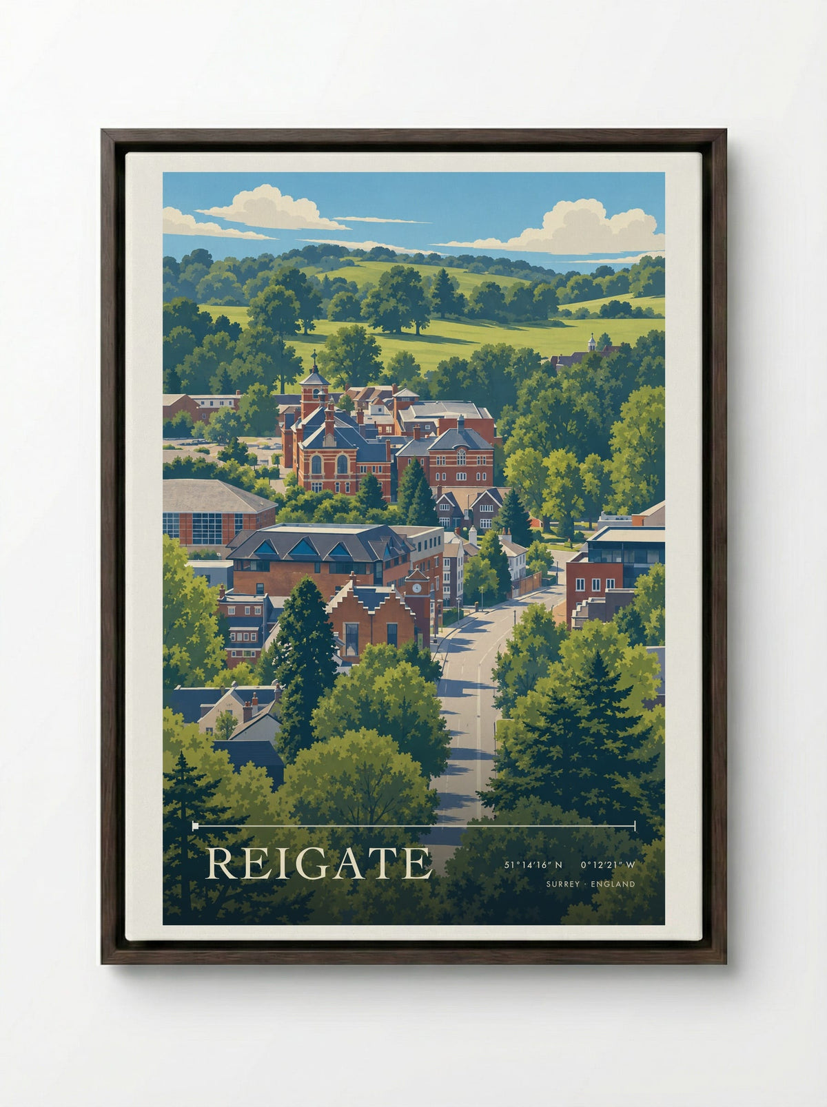 Reigate, Surrey | Travel Poster - Framed Canvas Dark Wood