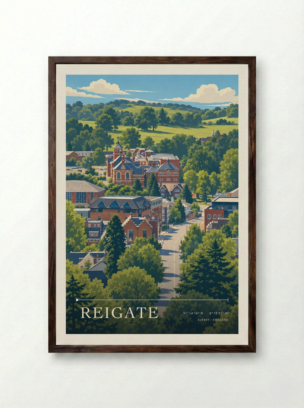 Reigate, Surrey | Travel Poster - Framed Print Dark Wood