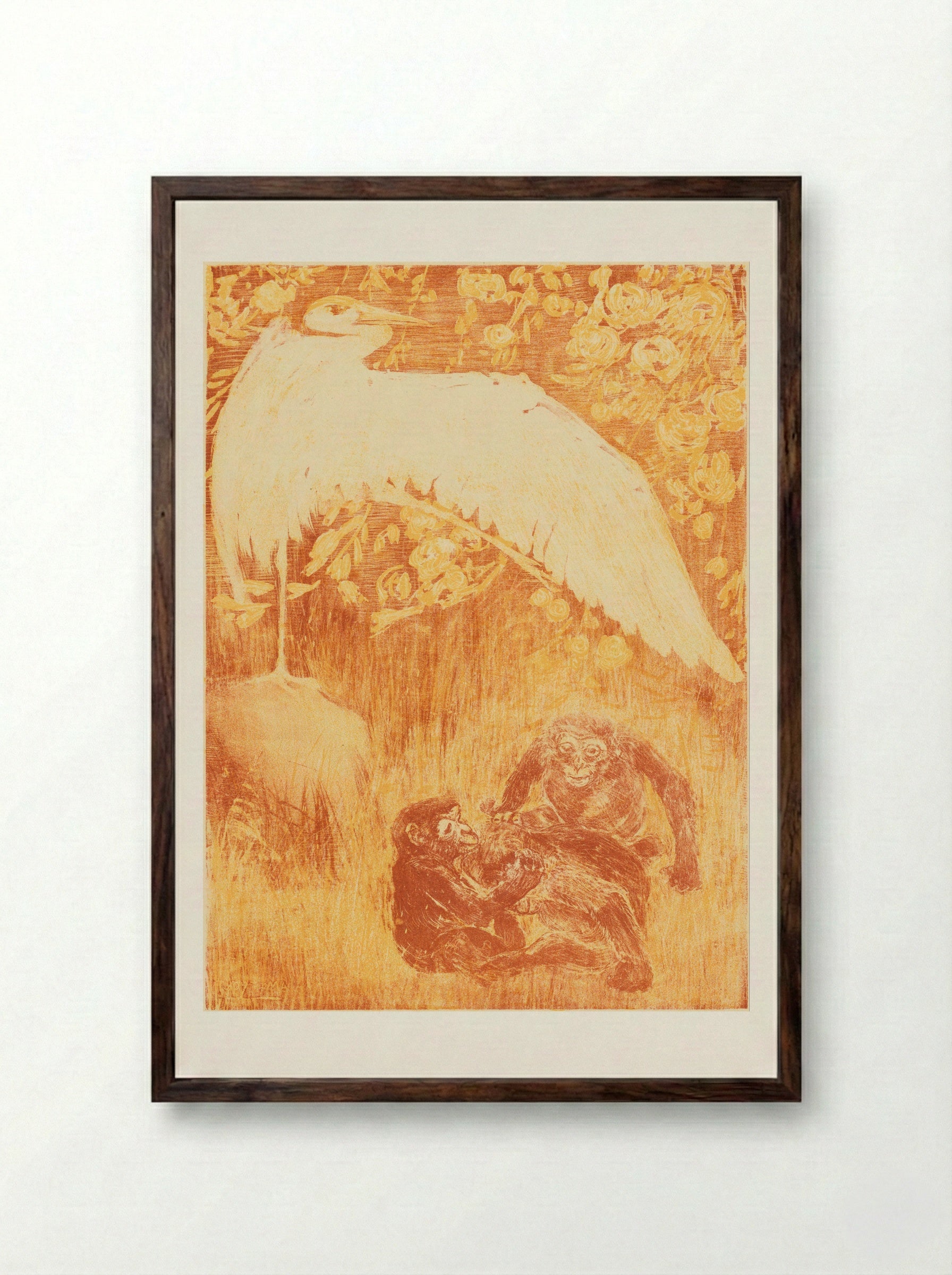 Reiger met drie apen - Theo van Hoytema - Framed Print Dark Wood