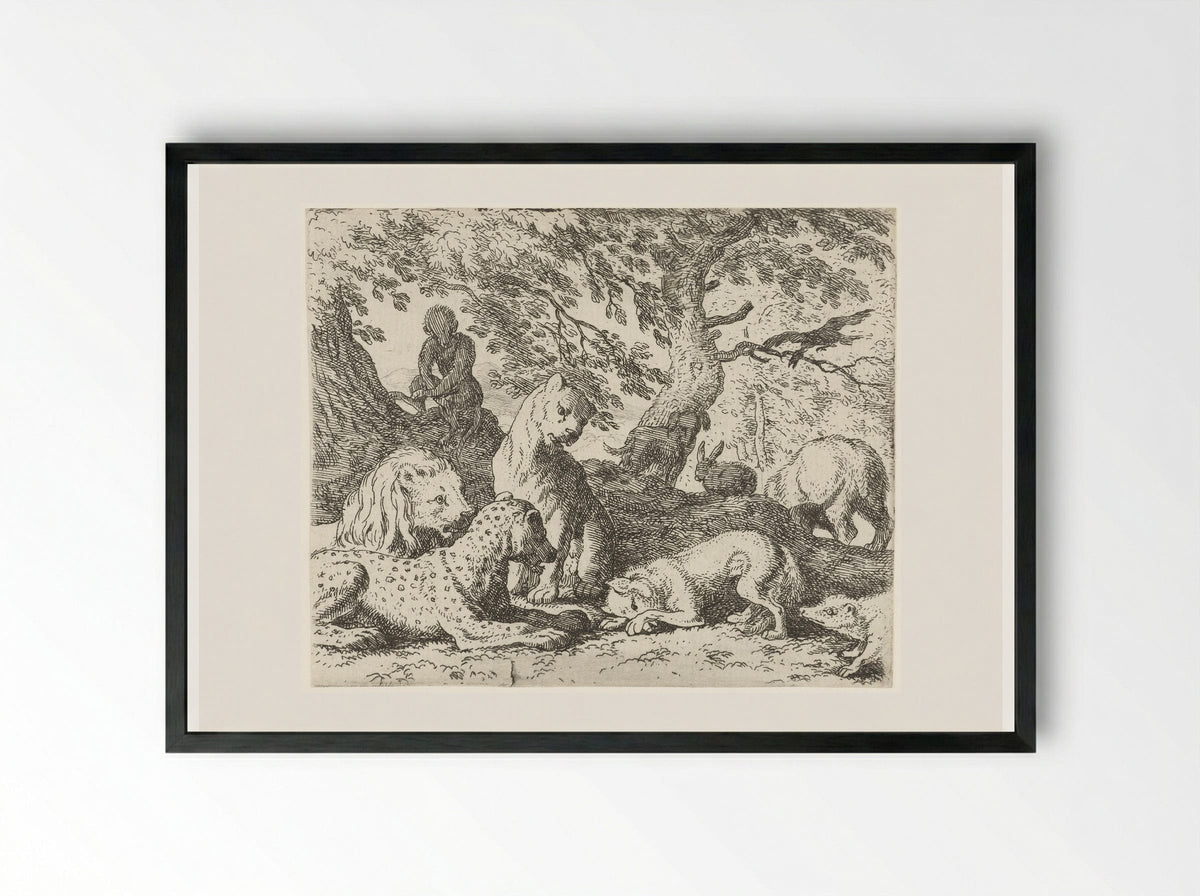 Reinaert beschrijft een onware samenzwering tegen koning Nobel - Allaert van Everdingen - Framed Print Black
