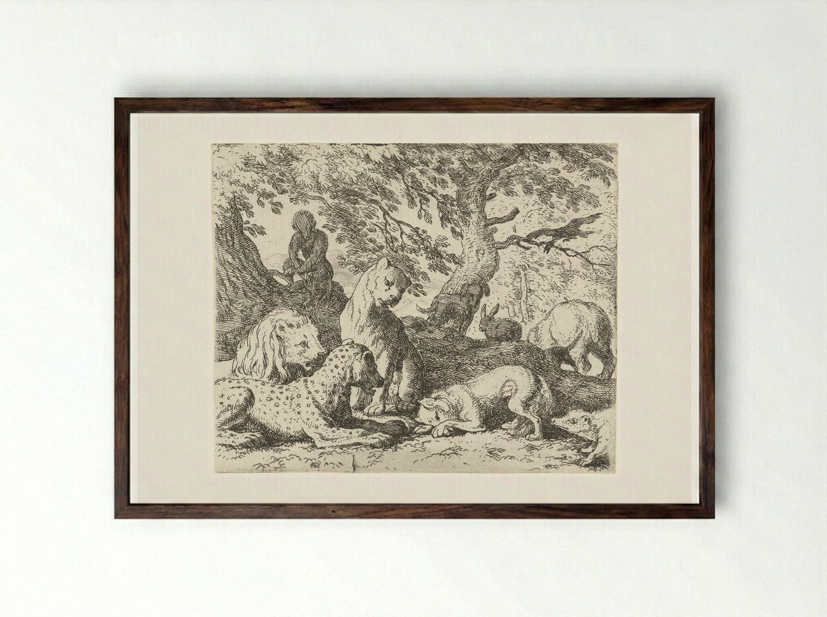Reinaert beschrijft een onware samenzwering tegen koning Nobel - Allaert van Everdingen - Framed Print Dark Wood