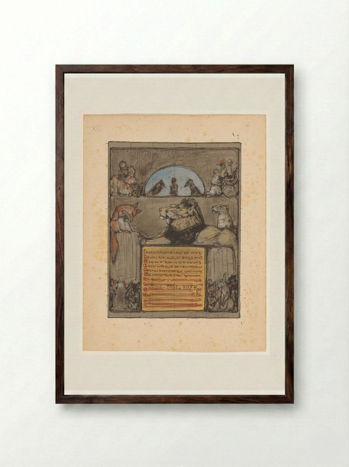 Reinaert buigt voor koning Nobel en de verzamelde dieren - Bernard Willem Wierink - Framed Print Dark Wood