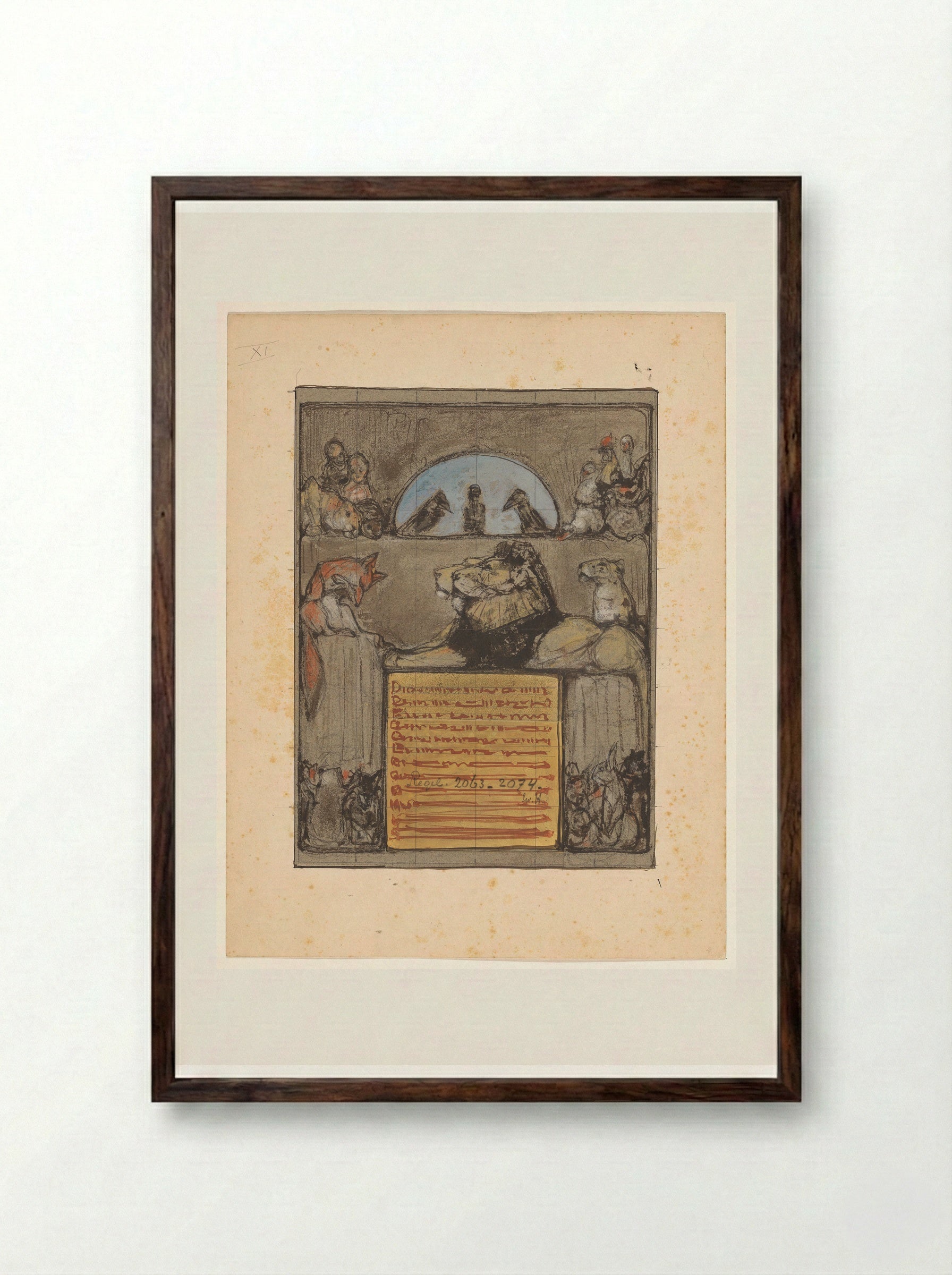 Reinaert buigt voor koning Nobel en de verzamelde dieren - Bernard Willem Wierink - Framed Print Dark Wood