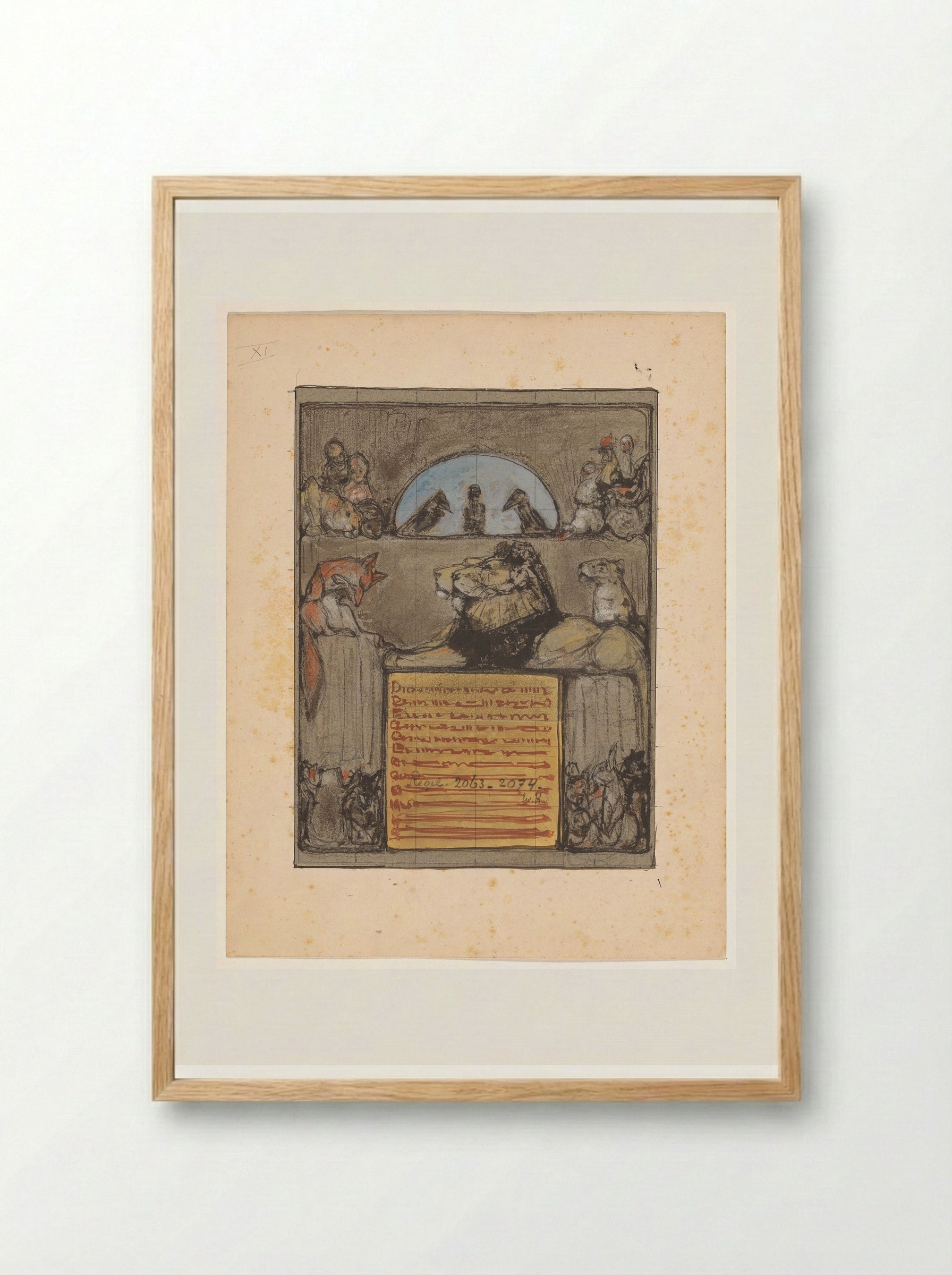 Reinaert buigt voor koning Nobel en de verzamelde dieren - Bernard Willem Wierink - Framed Print Wood