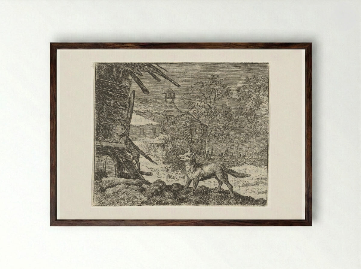 Reinaert de Vos misleidt Tibert de kat - Allaert van Everdingen - Framed Print Dark Wood