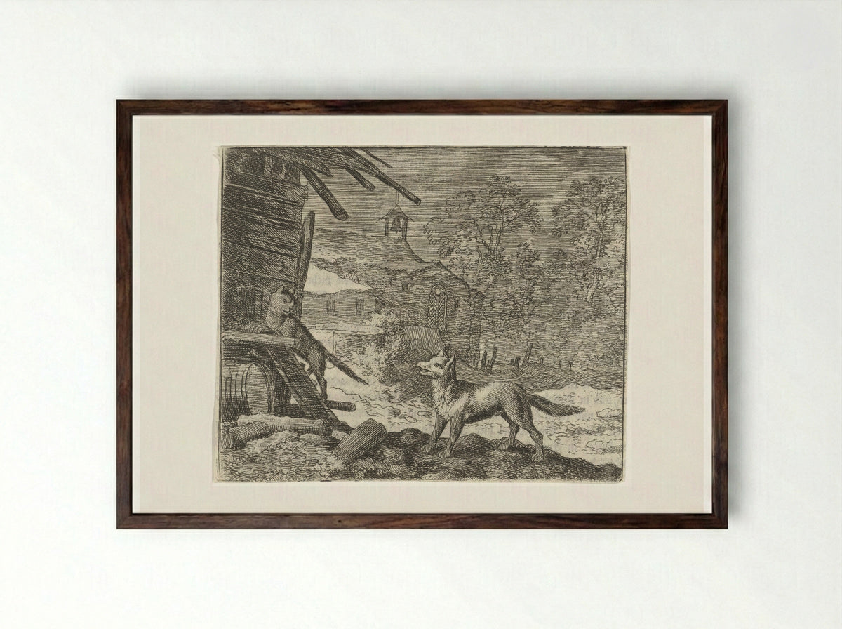Reinaert de Vos misleidt Tibert de kat - Allaert van Everdingen - Framed Print Dark Wood