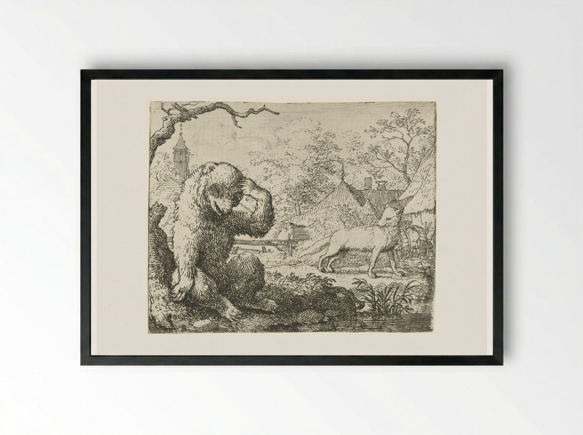 Reinaert de vos berispt de gewonde Bruun de beer - Allaert van Everdingen - Framed Print Black