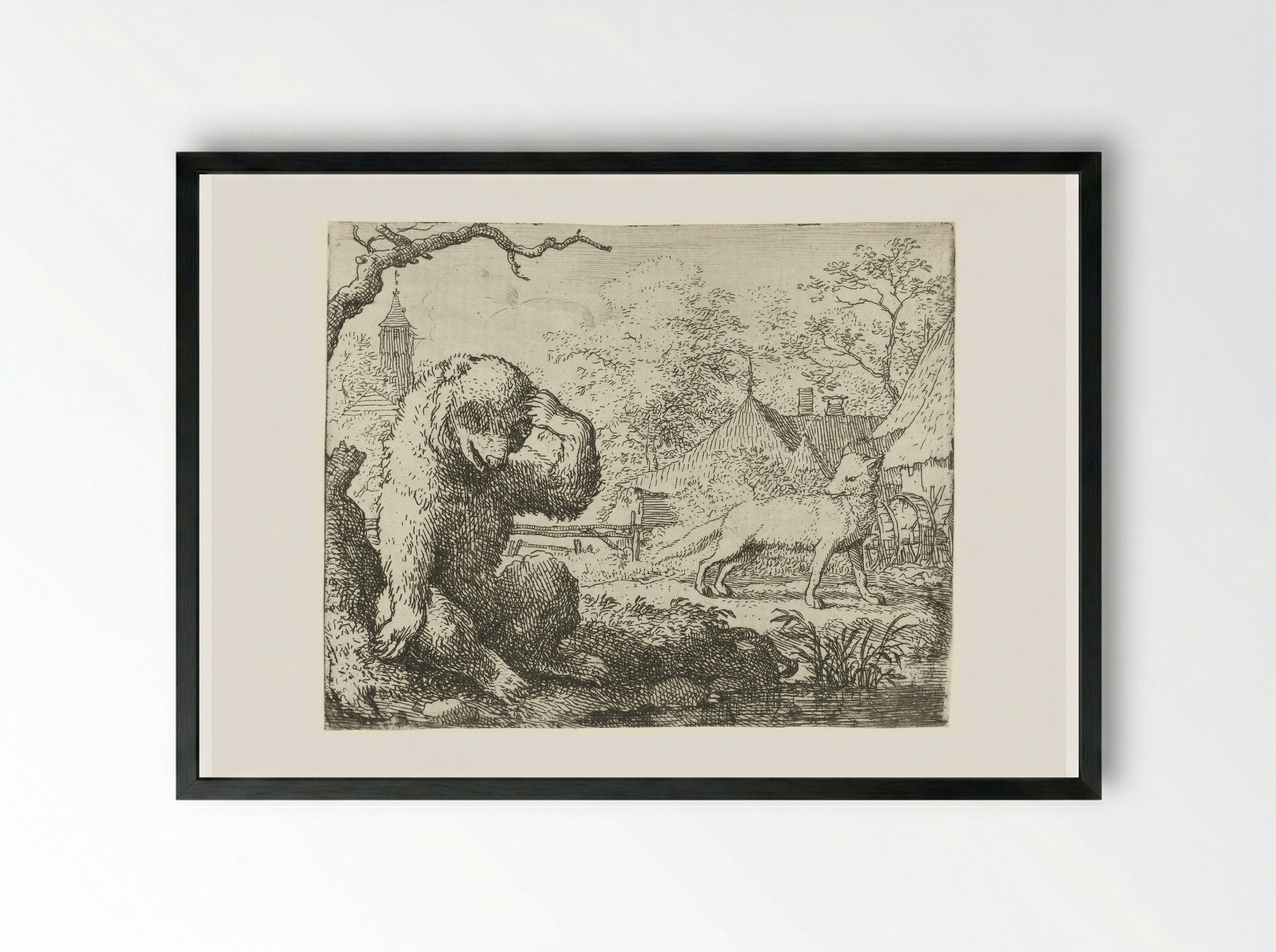 Reinaert de vos berispt de gewonde Bruun de beer - Allaert van Everdingen - Framed Print Black