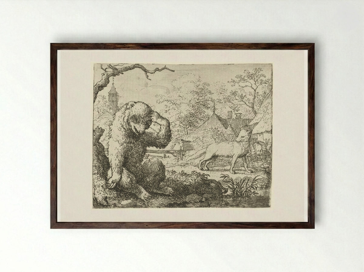 Reinaert de vos berispt de gewonde Bruun de beer - Allaert van Everdingen - Framed Print Dark Wood