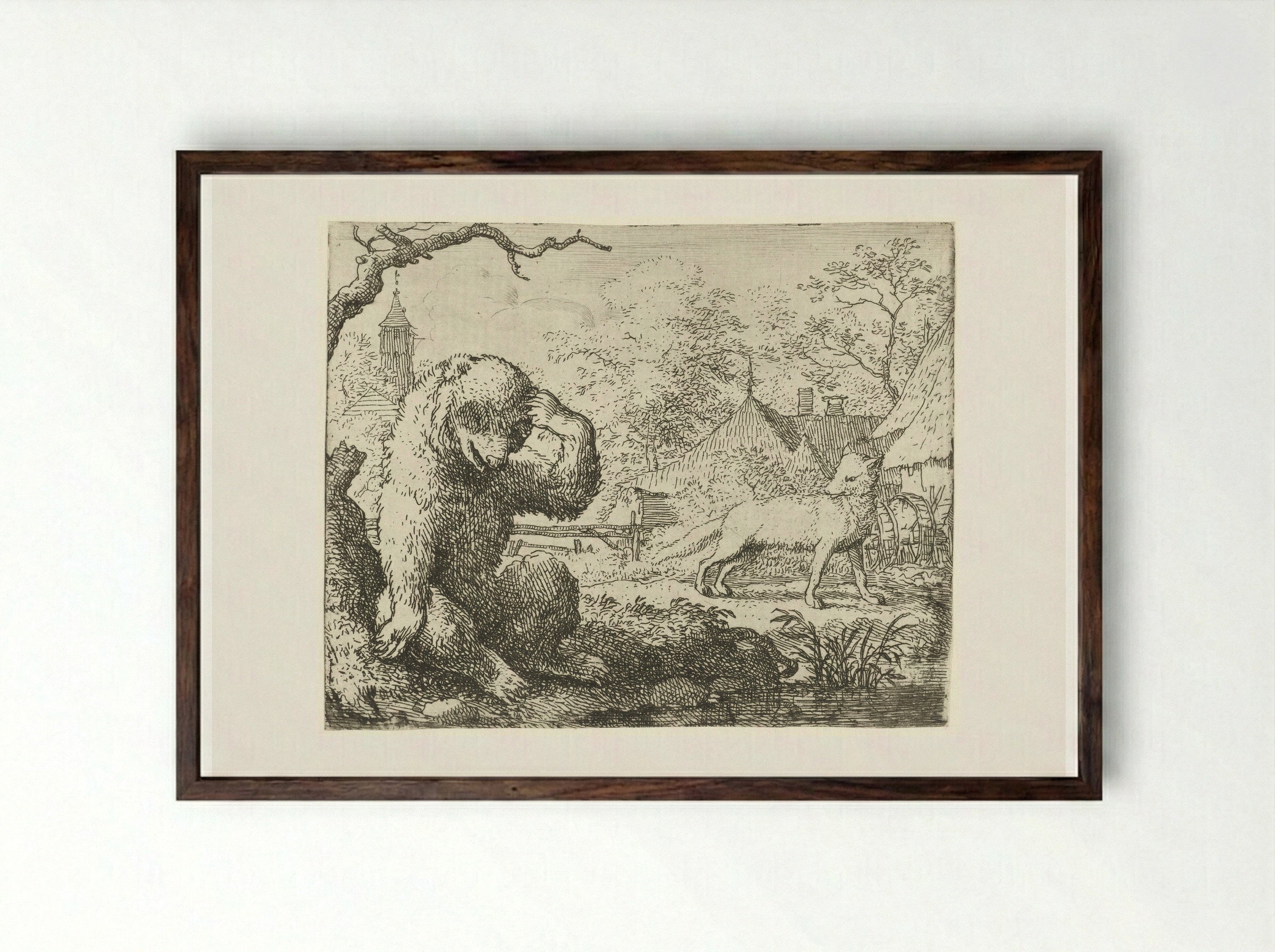 Reinaert de vos berispt de gewonde Bruun de beer - Allaert van Everdingen - Framed Print Dark Wood