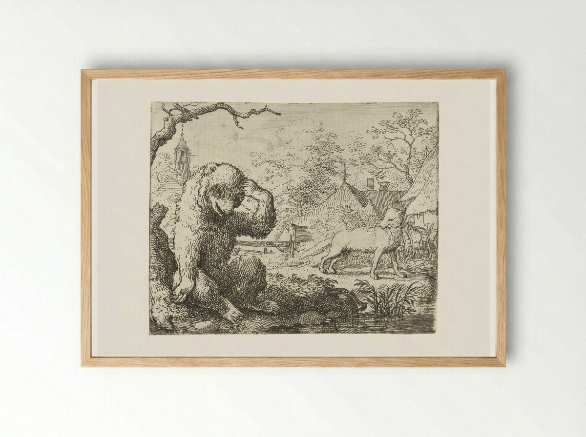 Reinaert de vos berispt de gewonde Bruun de beer - Allaert van Everdingen - Framed Print Wood