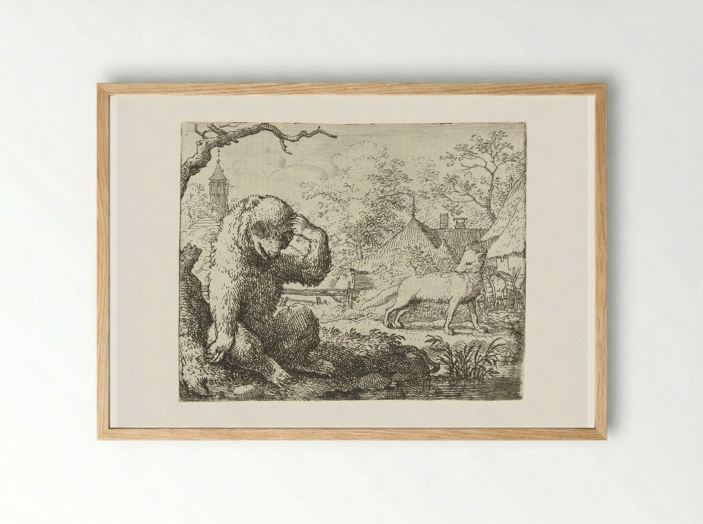Reinaert de vos berispt de gewonde Bruun de beer - Allaert van Everdingen - Framed Print Wood