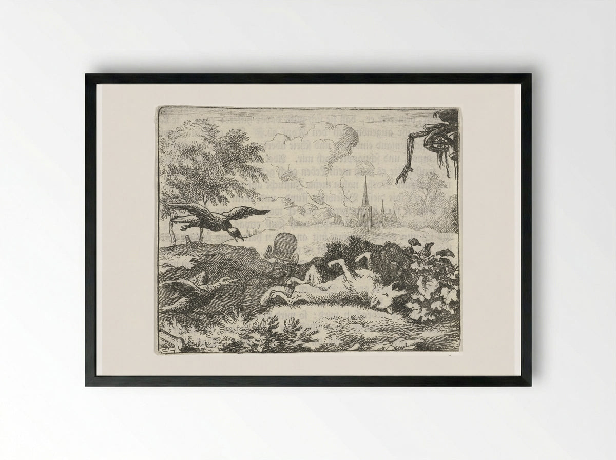 Reinaert de vos doet alsof hij dood is - Allaert van Everdingen - Framed Print Black