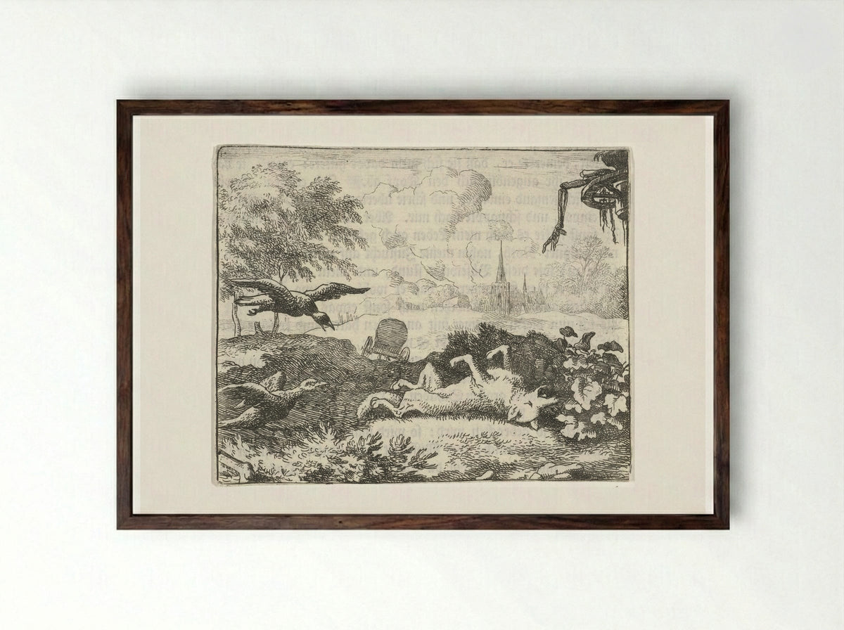Reinaert de vos doet alsof hij dood is - Allaert van Everdingen - Framed Print Dark Wood
