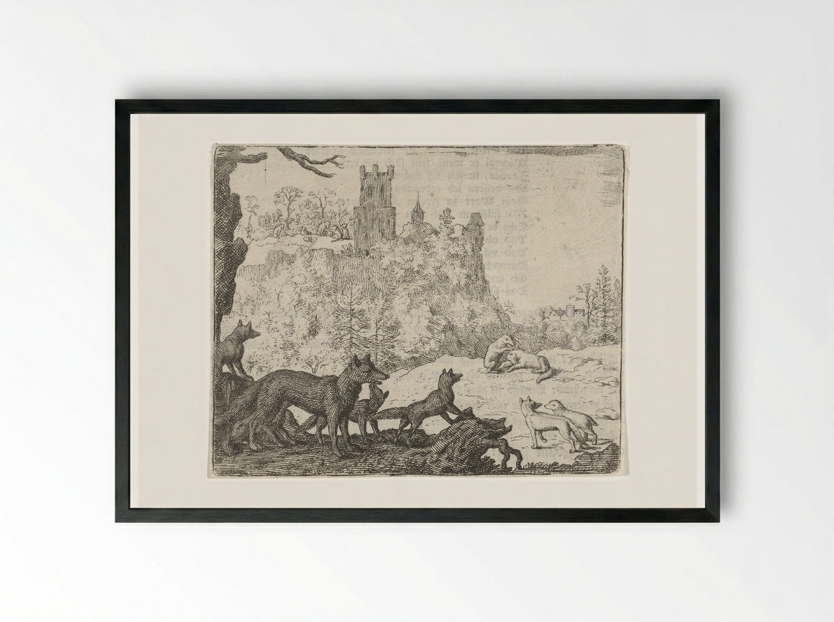 Reinaert de vos en Grimbeert de das op weg naar het gerecht - Allaert van Everdingen - Framed Print Black