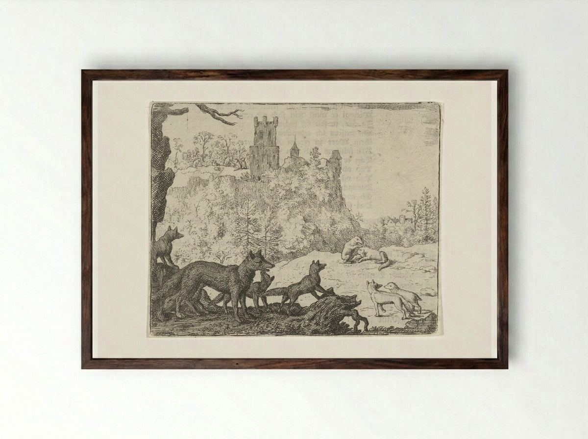 Reinaert de vos en Grimbeert de das op weg naar het gerecht - Allaert van Everdingen - Framed Print Dark Wood