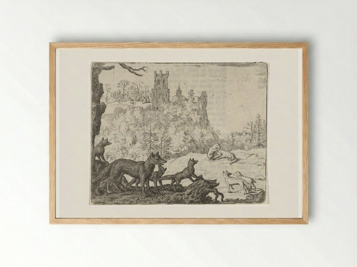 Reinaert de vos en Grimbeert de das op weg naar het gerecht - Allaert van Everdingen - Framed Print Wood