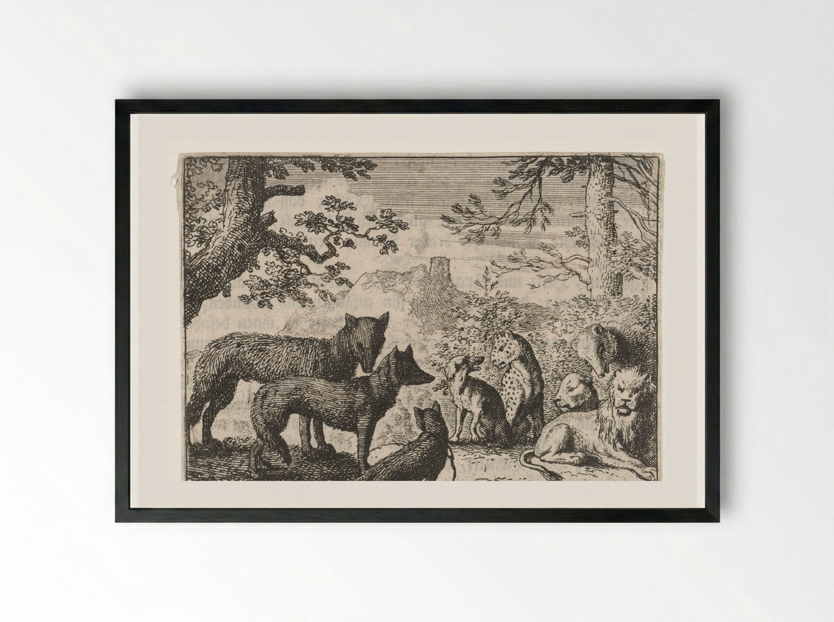 Reinaert de vos' familie verlaat het gerecht - Allaert van Everdingen - Framed Print Black