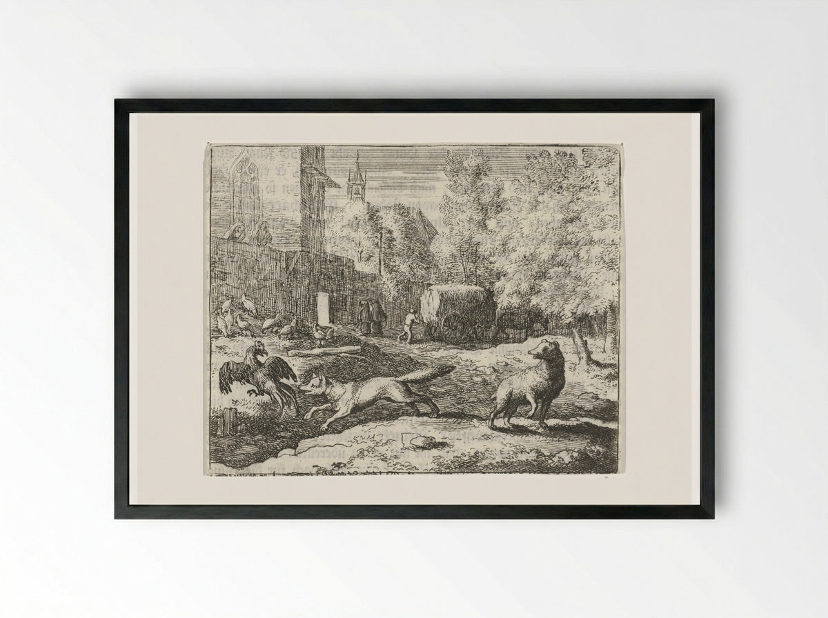 Reinaert de vos jaagt op hanen - Allaert van Everdingen - Framed Print Black