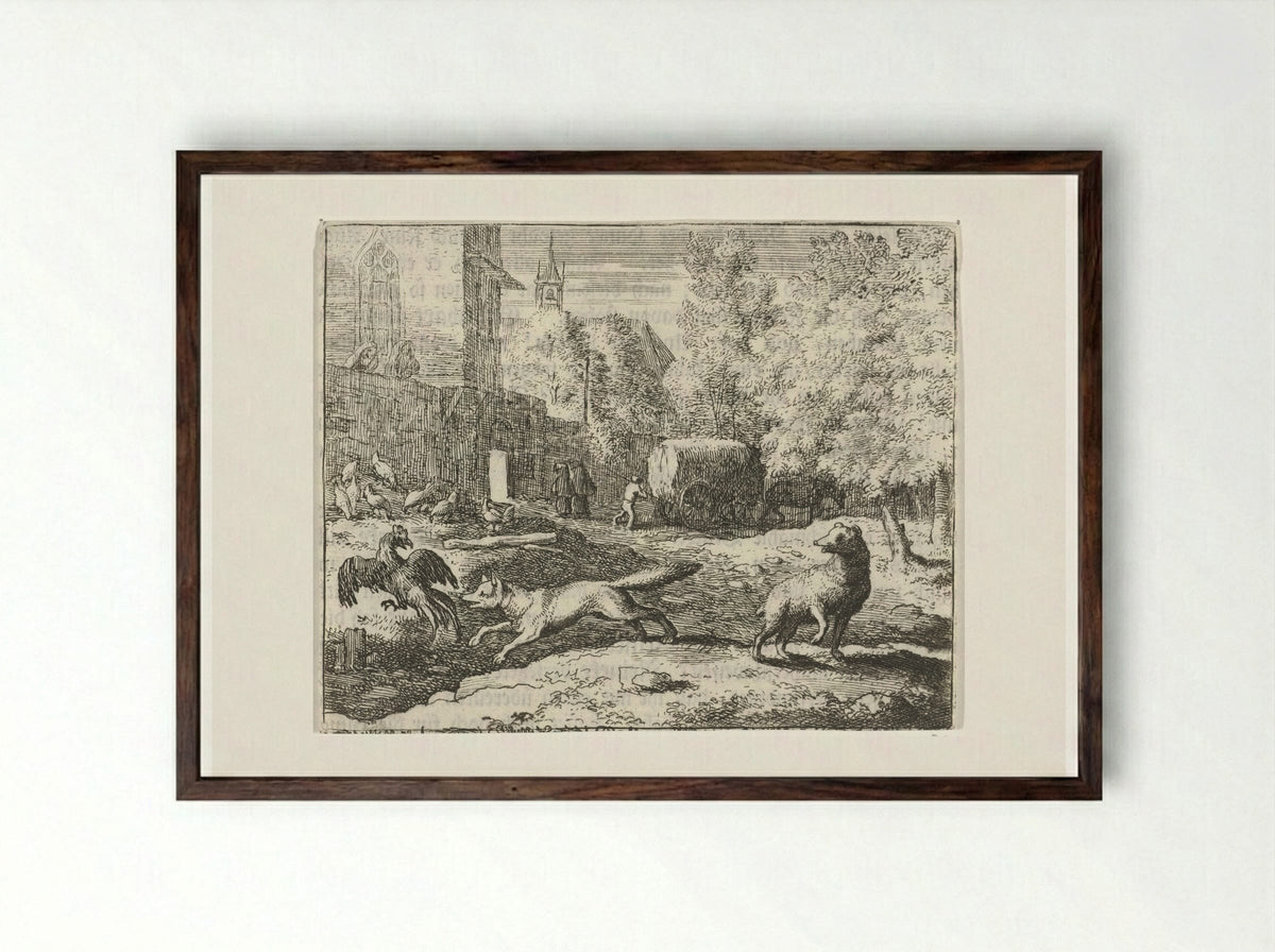 Reinaert de vos jaagt op hanen - Allaert van Everdingen - Framed Print Dark Wood