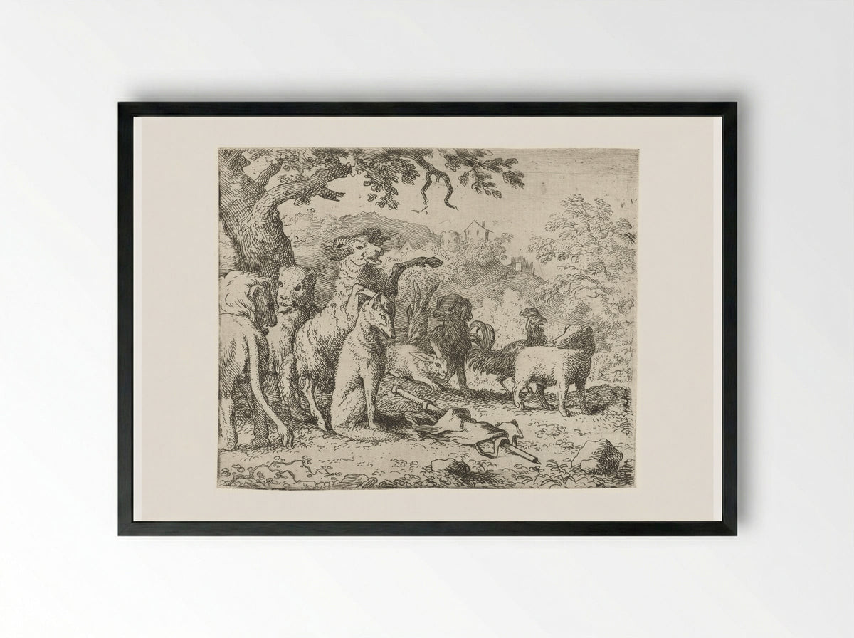 Reinaert de vos krijgt de zegen - Allaert van Everdingen - Framed Print Black