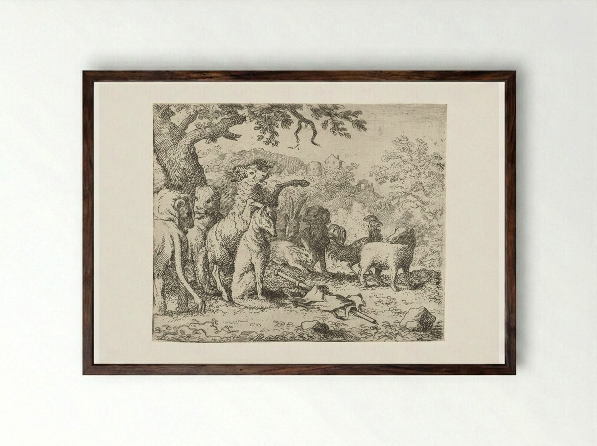 Reinaert de vos krijgt de zegen - Allaert van Everdingen - Framed Print Dark Wood