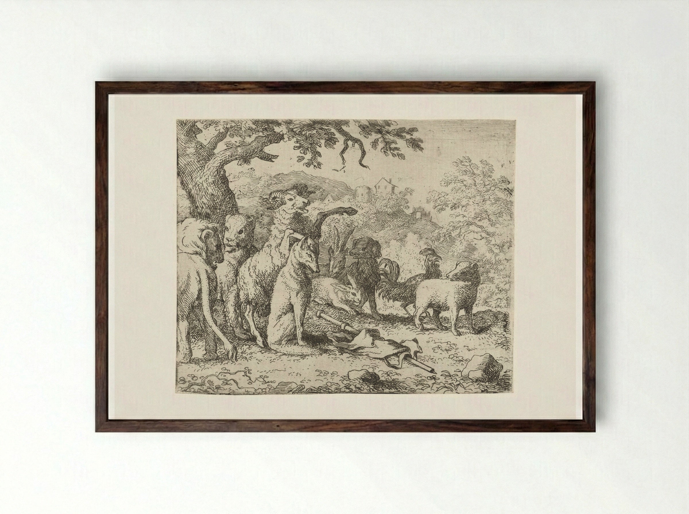 Reinaert de vos krijgt de zegen - Allaert van Everdingen - Framed Print Dark Wood
