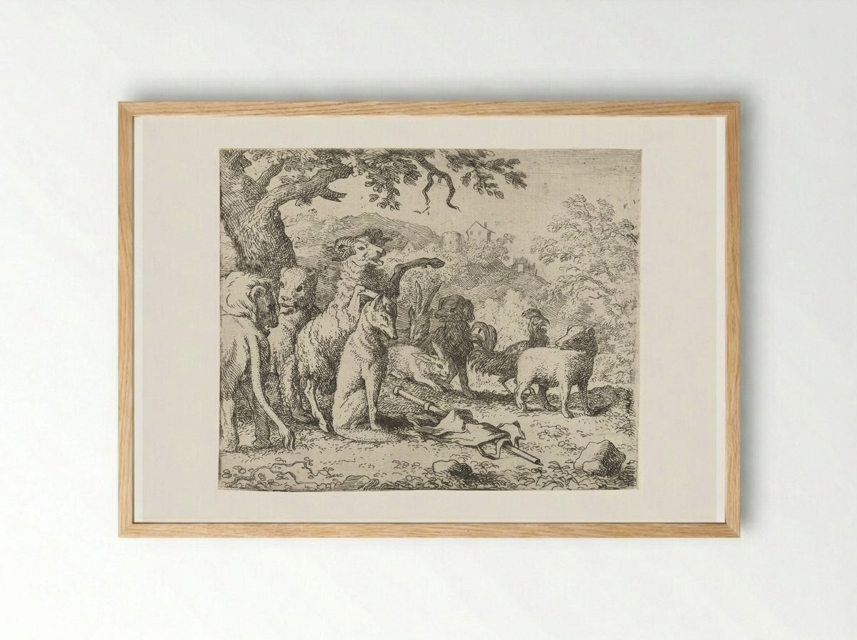 Reinaert de vos krijgt de zegen - Allaert van Everdingen - Framed Print Wood
