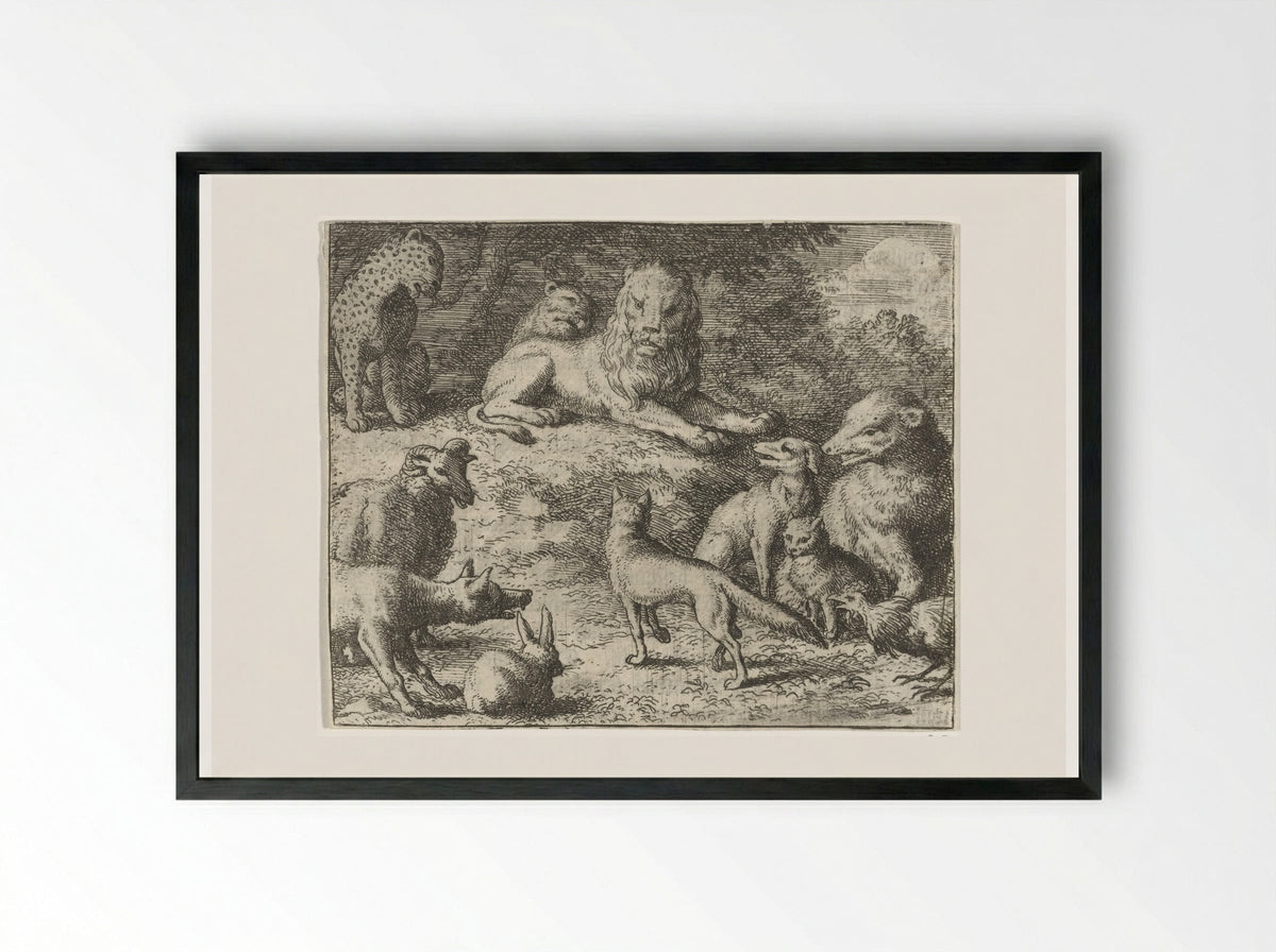Reinaert de vos verschijnt voor het gerecht - Allaert van Everdingen - Framed Print Black