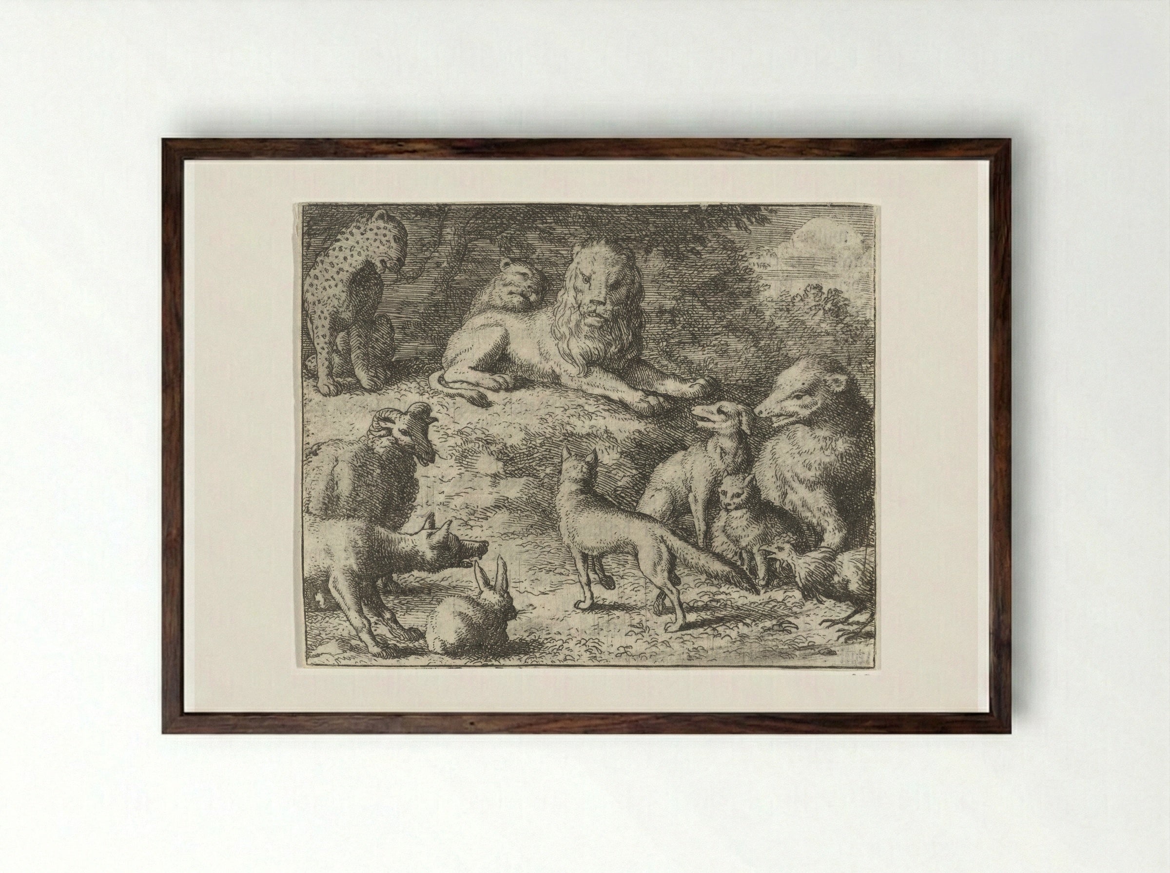 Reinaert de vos verschijnt voor het gerecht - Allaert van Everdingen - Framed Print Dark Wood